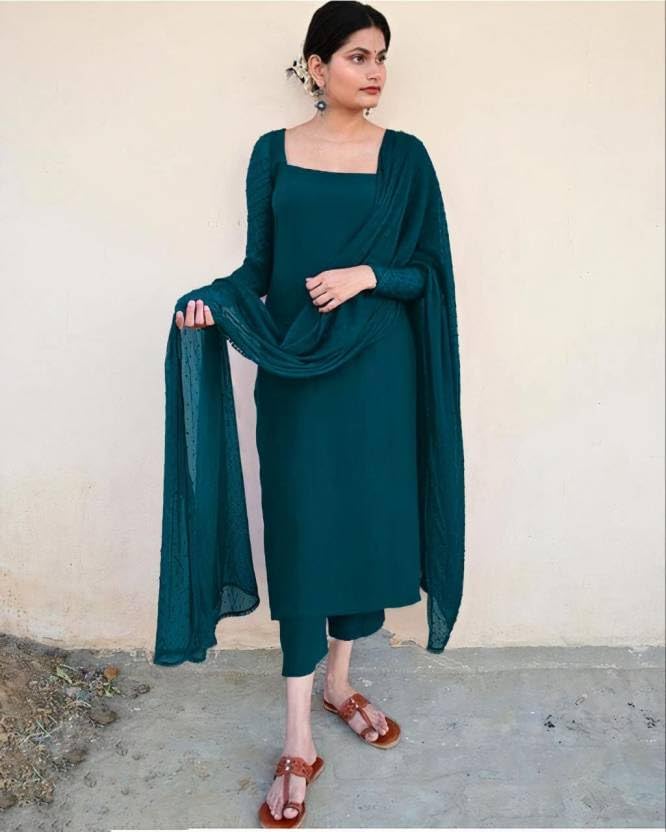 Image of Anveri Textiles Women's Cotton Blend Kurti with Square Neck Long Sleeves Solid Pattern A Line Style Ankle Length and Dupatta Set