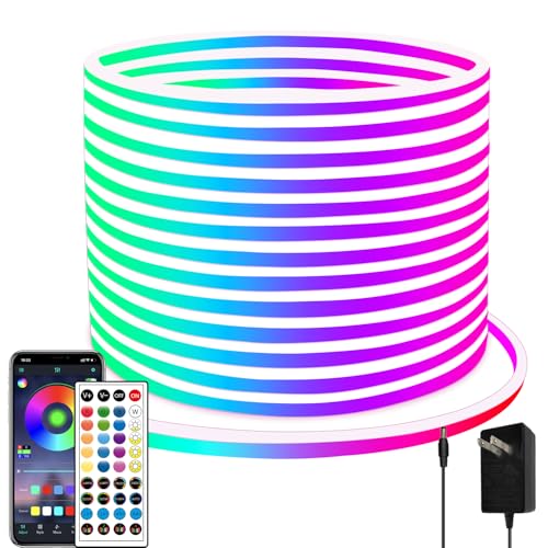 Image of 65.6FT Neon Rope Light,IP65 Waterproof RGB LED Strip Lights,Neon LED Lights with 40 Key Remote and APP Control for DIY Design,Multiple Modes for Bedroom,Holiday Decor(with Snap &Screws)
