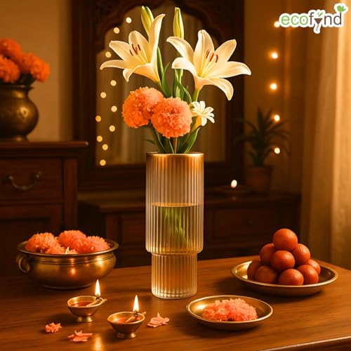 Image of ecofynd Glass Vase for Flowers Plants, Modern Decorative Vase for Home Decor Center Table, Bedroom, Living Room, Office Decoration, Wedding or Gifts, Luster Glass Vase, (GVASE019-WHT)