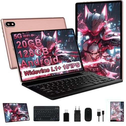 Immagine prodotto: Tablet 10 Pollici Android con 20GB RAM + 128GB ROM (TF/2TB), 5G WiFi 6, Octa-Core, GMS, Bluetooth 5.0, 5MP + 8MP, 1280 * 800 FHD IPS, Widevine L1, 2025 Newest Tablet 2 in 1 con Tastiera e Mouse - Rosa