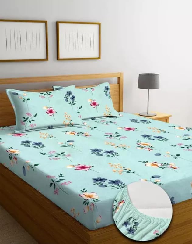 RT_Premium Cotton Elastic Fitted Bedsheets with 2 King Size Pillow Covers | Double Bed with All Around Elastic 180 TC Supersoft/Breathable| Size-78X72+10 inches(BZ_Bedsheet_47)