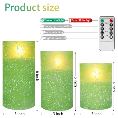 Image of Green Flameless Candles With Remote LED Flickering Pillar Candles Set of 3 | Realistic Flickering Flame Timer Brightness Control Battery Operated LED Candles for Halloween Christmas Holiday & Home Decor
