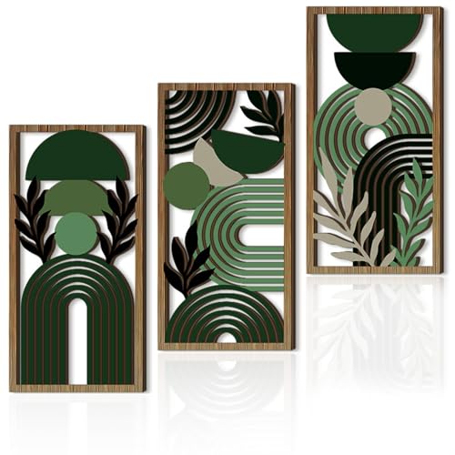 Abstract Wall Art Set of 3 Boho Geometric Wood Wall Decor Framed Aesthetic Botanical Artwork Green Room Decor for Bedroom Living Room Office Modern Home Wall Art