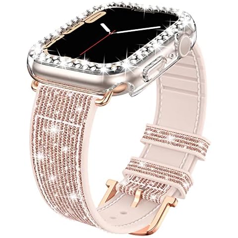 Goton Bling Silicone Band Case Compatible for Apple Watch 46mm 42mm 45mm 44mm 41mm 40mm 38mm with Edge Protector Cover[No Glass], Strap Color Changes with Angle for iWatch SE Series 10 9 8 7 6 5 4 3 2 Cover