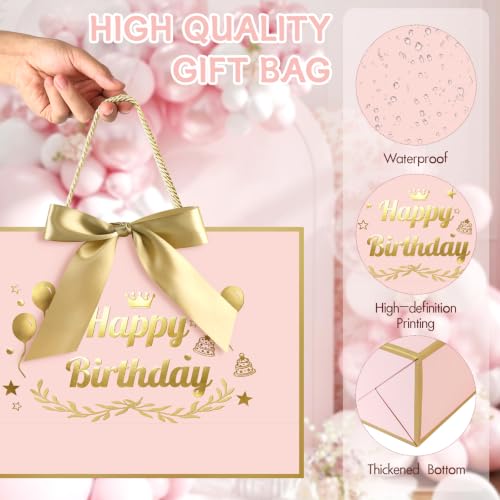 Image of JMANNI Pink Gold Happy Birthday Gift Bag with Card and Tissue Paper, 14.2 inchx9.84 inchx4.3 inch Large Present Bag for Men Women, Year Old Birthday Keepsake Party Supplies