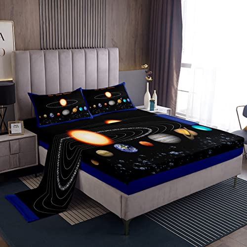 jejeloiu Solar System Bed Sheets Set Kids Outer Space Sheet Set Universe Planets Sheets with Deep Pocket Fitted Sheet for Boys Room Decor Lightweight Galaxy Black Blue Bedding Set Full Size