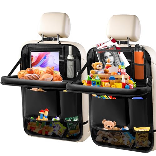 Zecirl 2Pack Car Backseat Organizer with Foldable Table Tray,6 Storage Pockets Car Storage Organizer with Tablet Holder,Car Seat Back Protectors Kick Mats Travel Accessories (Black)