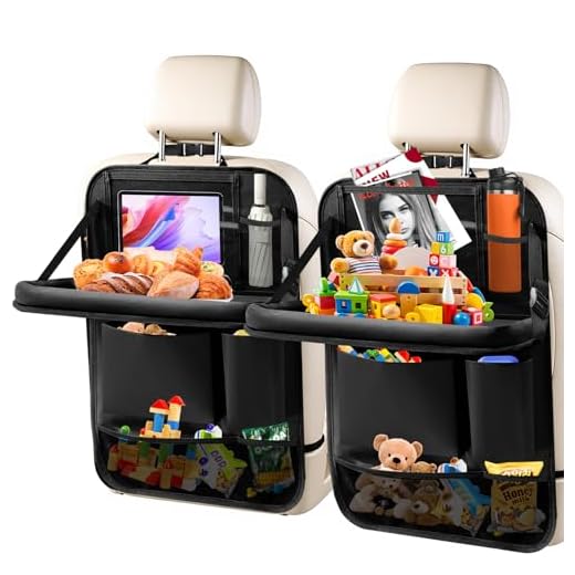 Zecirl 2Pack Car Backseat Organizer with Foldable Table Tray,6 Storage Pockets Car Storage Organizer with Tablet Holder,Car Seat Back Protectors Kick Mats Travel Accessories (Black)