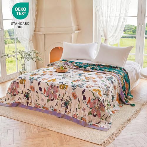 Image of MSGKV Boho Throw Blanket 90 inchx108 inch 100% Cotton Floral Blanket for Bed