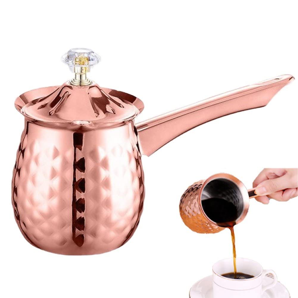 Vepoty Rose Gold Turkish Coffee Pot Stainless Steel Long Handle Cezve Coffee Pot Milk Butter Melting Jug 600