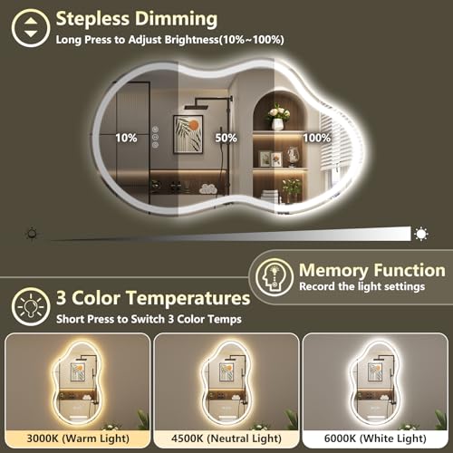 Image of 40x24 Inch Asymmetrical LED Bathroom Mirror with Lights, Backlit & Front-Lit, Anti-Fog, Irregular Cloud Lighted Bathroom Vanity Mirror for Wall, Dimmable, 3 Colors, Memory, HD Tempered Glass
