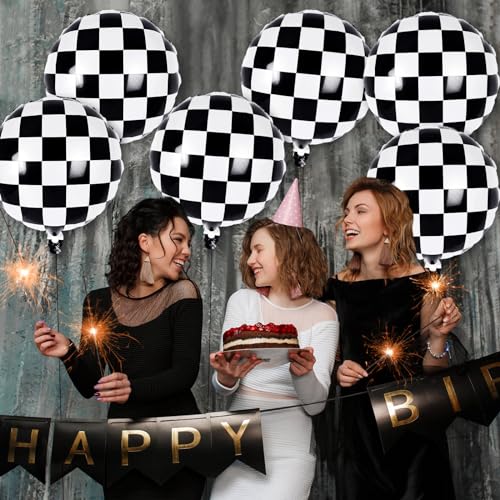 Image of 12 Pcs Checkered Balloons, 18 Inch Checkered Racing Foil Balloons, Black and White Checkerboard Mylar Balloons for Race Car Birthday Party Supplies Decorations (Pack of 2)