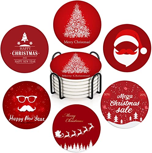 Britimes Christmas Table Coaster, Set of 6, Red Christmas Tree Snowflakes Abstract Absorbent Round Stone Drink Mat, with Cork Base and Metal Holder, Gift for Housewarming Room Bar Decor