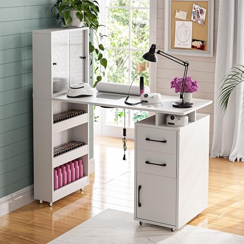 Kikihouse Manicure Table Nail Desk for Nail Tech w/Glass Door Storage Cabinets & Wrist Rest, Beauty...