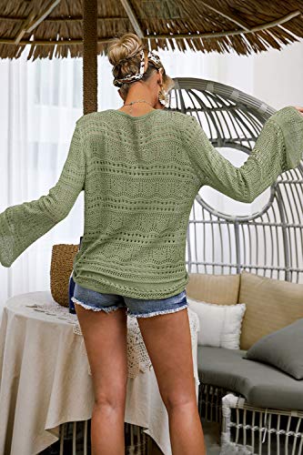 Image of Saodimallsu Womens Boho Off Shoulder Sheer Crop Tops Bell Sleeve Flowy Oversized Crochet Ruched Pullover Sweaters