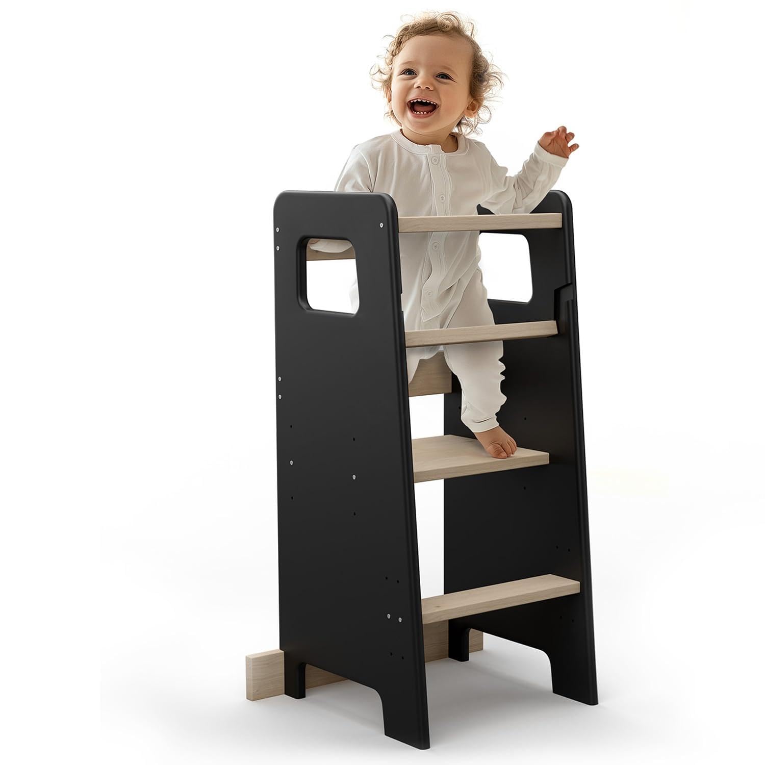 Montessori Lernturm aus Holz – Lernturm für Kinder – Rutschhemmende Füße Montessori-Methode (Schwarz, 90 x 42 x 40 cm)