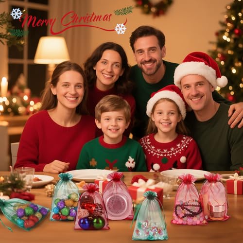 Image of HRX Package 100pcs Organza Bags Dark Green & Red, 4x6 inch Small Christmas Gift Bags Mesh Candy Jewelry Pouches