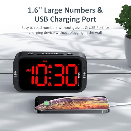 Image of Odokee Digital Dual Alarm Clock for Bedroom, Easy to Set, 0-100% Dimmer, USB Charger, 5 Sounds Adjustable Volume, Weekday /Weekend Mode, Snooze, 12 /24Hr, Battery Backup, Compact Clock for Bedside(Red)