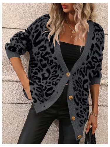 Image of SOLY HUX Women's Leopard Print Cardigan Sweaters Button Down V Neck Long Sleeve Fuzzy Cardigans