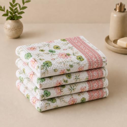 Image of Cotton Rich Printed Waffle Hand Towel | Lightweight | Anti Microbial & Water Absorbent | Soft Touch Quick Drying Towels (Lotus Serene, Pack of 4)
