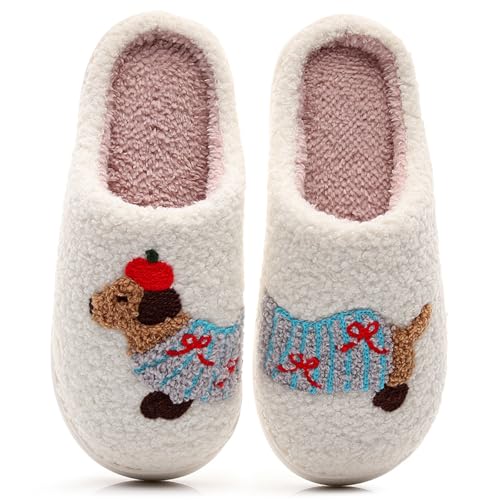 Cxvzr Dogs Slippers for Women Men Cute Corgi Border Collie Slippers Fluffy warm fur non-slip home shoes Bow dog 41-42