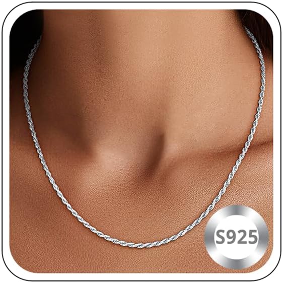 1.5mm 2mm Rope Chain 925 Sterling Silver Chain Necklace for Women, 14K Gold Plated Chains for Women Sturdy & Durable Women's Chains Necklace 16 18 20 22 24 26 Inch