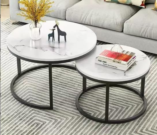 OHMG Lot de 2 Table Basse Aspect marbre,Table d'appoint pour Salon,Diamètre 70+50 cm,Grande Tables gigognes Ronde,Aspect marbre et Structure en Acier doré...