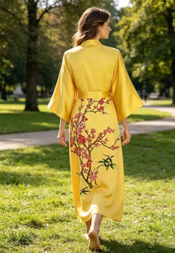 Image of Women's Classic 100% Silk Kimono Robe, Bathrobe-Printed Pattern