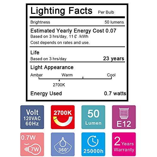 Night Light Bulbs, Emotionlite Led C7 Bulb, E12 Candelabra Base, Salt Lamp And Nightlight Replacement Bulb, 0.5W, Warm White 2700K, 50Lm, 6 Pack #TOP6