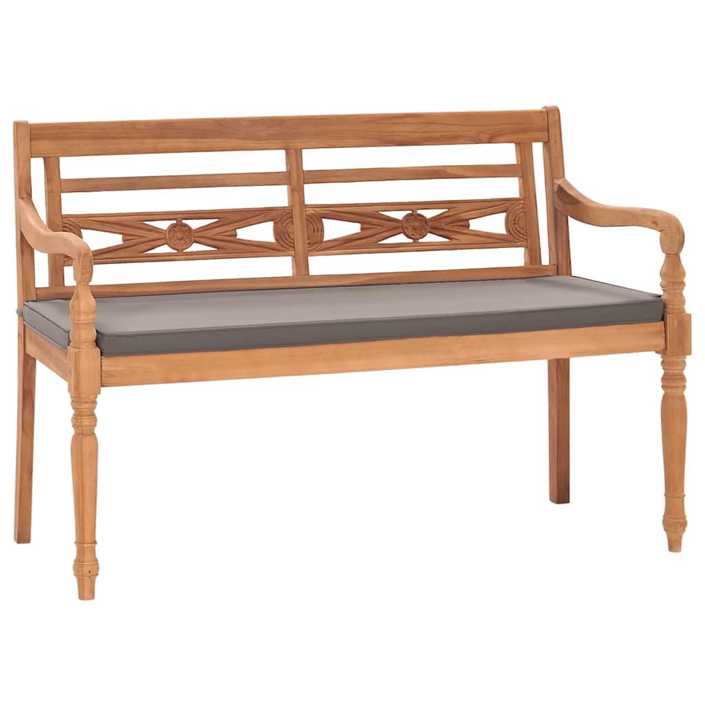 Batavia Banco de jardín de 120 cm de madera maciza de teca con cojín gris oscuro, banco de madera resistente a la intemperie para terraza, balcón y exterior, banco estable con respaldo y