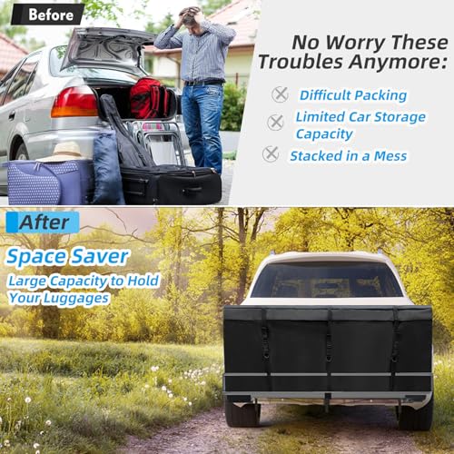 Hitch Cargo Carrier Bag,Cargo Luggage Carrier Bag,12.5 cu. ft 53\"x20\"x20\" Rainproof Hitch Mount Cargo Bag with 8 Reinforced Straps for Truck Pickup All Vehicle with Steel Cargo Basket