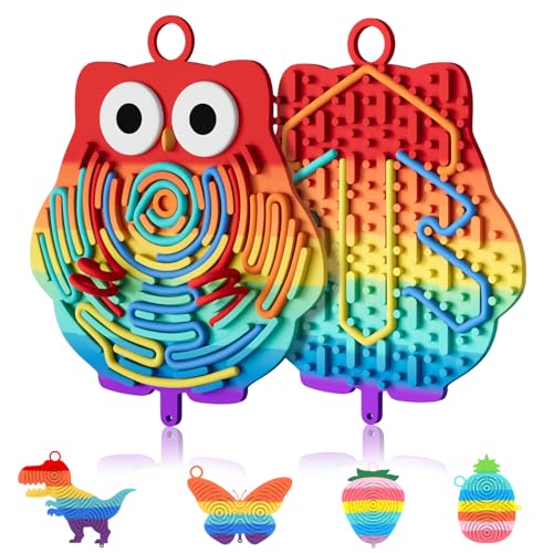 BDWing Sensorik Spielzeug Activity Board, Silicone Sensory Fidget Toys, Doppelseitiges Spielzeug für Flugzeug Restaurant Autofahrt Beschäftigung Kinder ab 3 Jahr & Erwachsene (Eule, Regenbogen)