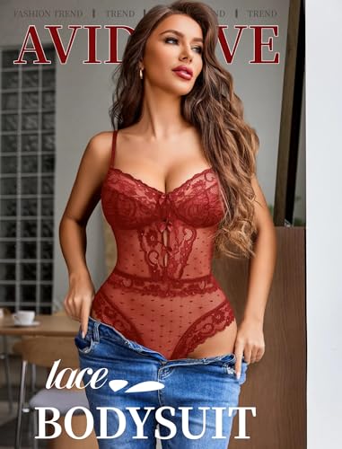 Image of Avidlove Women Sexy Lingerie Sheer Lace Bodysuit V Neck Teddy Lingerie One Piece Mini Babydoll