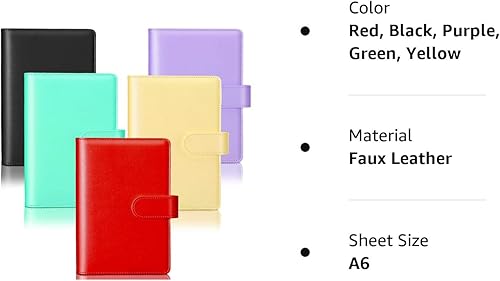 Miniatura 8 de Carpeta de piel sintética A6, 5 piezas, recargable, con 6 anillos, agenda personal de hojas sueltas con cierre de hebilla magnética (rojo, negro,