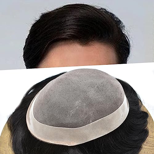 LHC Fine Mono Mens Toupee Hairpiece Poly Skin Around Human Hair Replacement Monofilament Wig for Men (7''x10'' 120% Light Medium Density, 1B# Natural Black)