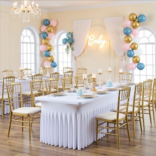 Image of 6 pk White Spandex Table Cloth Rectangle 8ft with Ruffle Skirt,Wrinkle Free High-Stretch Fitted Tablecloths for 8 Foot Rectangle Tables,Elastic Spandex Table Covers 8 ft for Parties Weddings Banquet