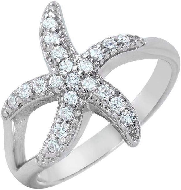 Sterling Silver Ladies Micro Pave Set CZ Stones Starfish Design Ring