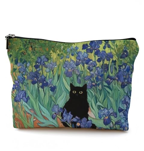 QGFM Irises Floral Black Cat Makeup Bag, Black Cat Gifts Cosmetic Bags for Women, Cats Lover Lady Mom Grandma Gifts, Abstract Flower Kitty Kitten Zipper Makeup Pouch