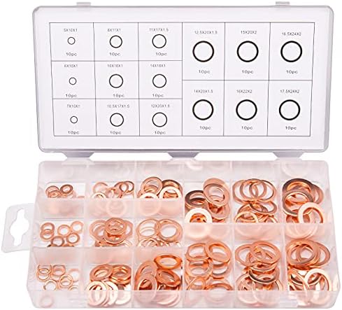 Toolwiz 150PCS 15 Sizes Copper Washers Metric Sealing Assortment M17.5-M5