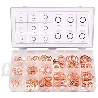 Toolwiz 150PCS 15 Sizes Copper Washers Metric Sealing Assortment Set Flat Ring Sump Plug Crush Washer Oil Drain Plug Gasket Seal Assortment Set M5/6/7/8/10/10.5/11/12/12.5/14/15/16/16.5/17.5
