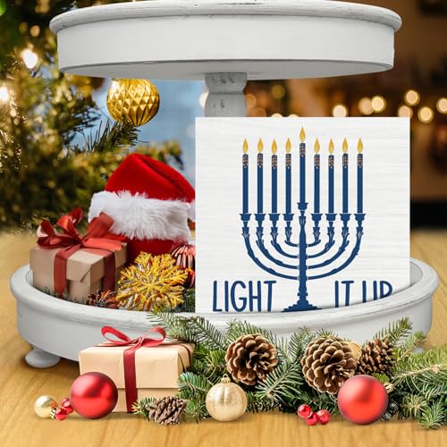 Image of Hanukkah Decor, Light It Up Wood Box Sign, Jewish Gifts for Women, Menorah Dreidel Home Office Decorations for Desk Table Shelf 5 X 5 Inches