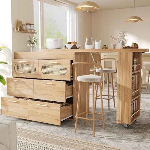 Sapgaks Îlot de Cuisine rotative à 360°,Porte en rotin PE et poignée en métal,Table de Bar avec 6 tiroirs,Equipé d'un Dispositif Anti-basculement,Aux...