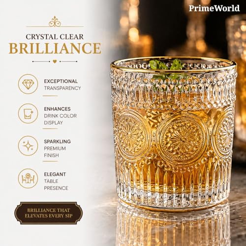 Image of PrimeWorld Embossed Gold Rim Romantic European Crystal Whiskey Glasses Set of 6 pcs- 300 ml Bar Glass for Drinking Bourbon, Whisky, Scotch, Cocktails, Cognac- Old Fashioned Cocktail Tumblers