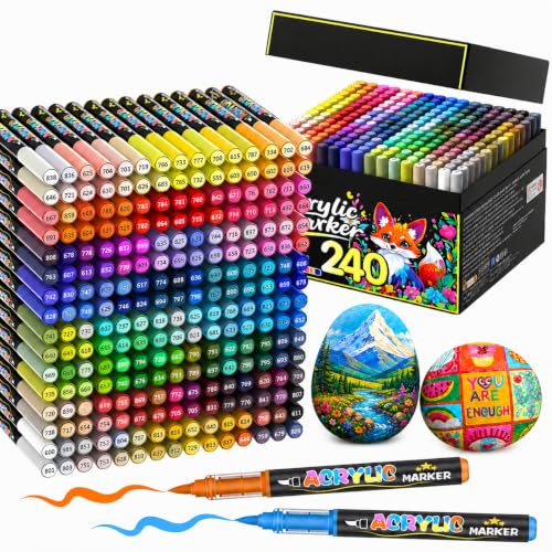 Lyuvie 240 Couleurs Feutre Acrylique, Acrylic Paint Brush Marker à Peinture à Base D'eau, Marqueur Peinture Acrylique pour Pierre,Bois,Galets,Papier, Tissu,Verre, Plastique