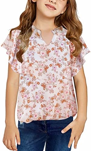 blibean Girl Summer Blouse Short Sleeve Shirts Tween Kids Ruffle Tops Spring Boho Flower Clothes Floral Clothing Size 4-5 Years Small Orange