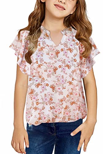 Blibean Girl Summer Blouse Short Sleeve Shirts Tween Kids Ruffle Tops Spring Boho Flower Clothes Floral Clothing Size 4-5 Years Small Orange #TOP4