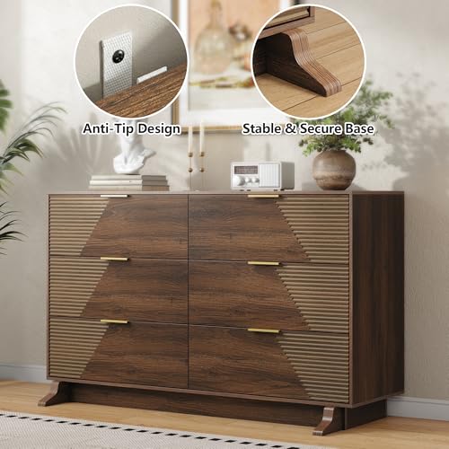 Image of Gyfimoie 47.24 inch Wide Dresser for Bedroom, Chest of Drawers with Fluted Design & Gold Metal Handle, 6 Drawer Dresser with Sturdy Base, Walnut Dresser for Bedroom, Living Room, Hallway