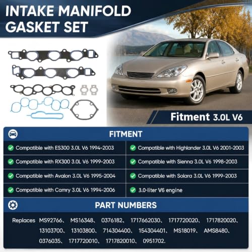 Image of Lower Upper Intake Manifold Gasket Set MS92766 Fits ES300 RX300 3.0L V6 1994-2003, Avalon 3.0L 1995-2004, Camry 3.0L 1994-2006, Highlander 3.0L 2001-2003, Sienna Solara 3.0L 1999-2003