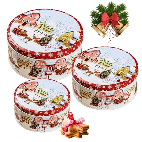YAOYIN Boîtes À Biscuits De Noël, 3 Pcs Boite A Biscuits Metal, Boîte à Bonbons Ronde, Boîtes De Noël pour Biscuits Bonbons Chocolat