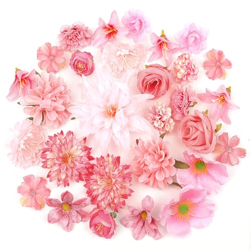 YSWOVUO 29 Piezas Cabezas de Flores Artificiales, 13 Tipos 4~13cm Flores Artificiales Decoracion, Flores de Tela para DIY Manualidades Corona Decoración Boda Fiesta Hogar, Rosa